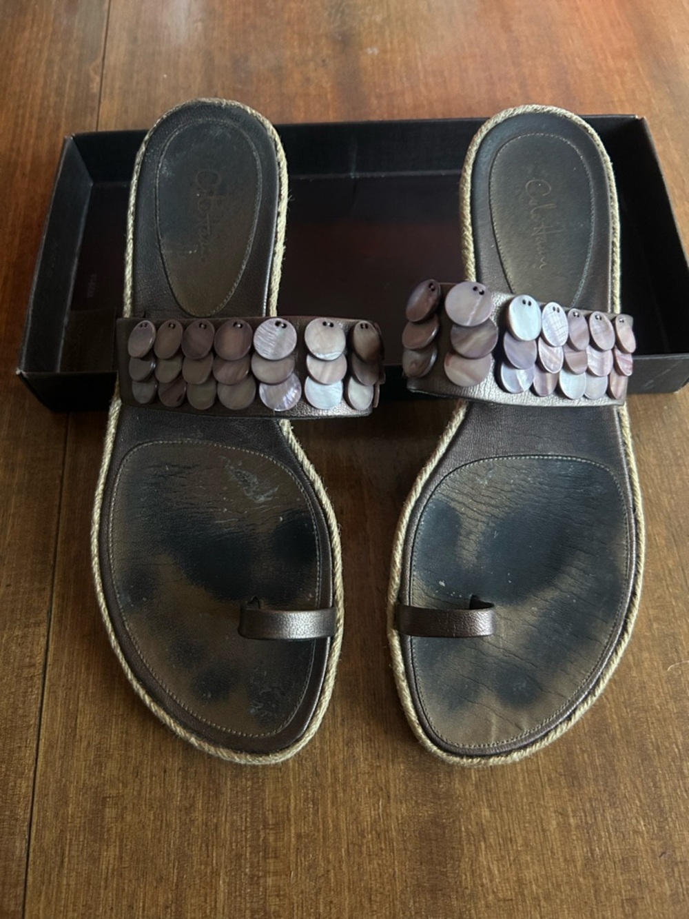 Cole Haan Brown Sequin Strap Toe-Loop Slide Sandals